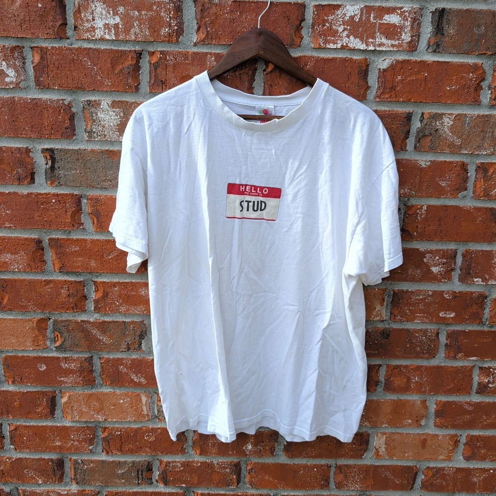 Fruit of the Loom Graphic T-Shirt Mens XL White Hello My Name Is Stud